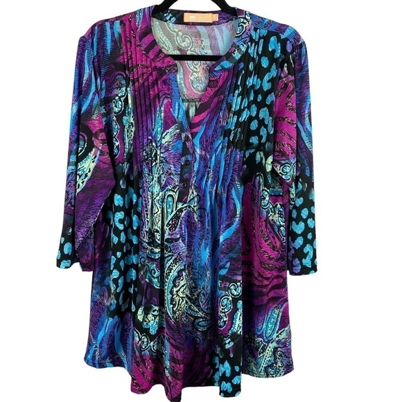 La Cera Pleat Front Printed Tunic Blue Purple Large - Picture 3 of 13